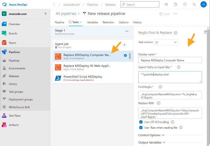 azure devops releases add task settings